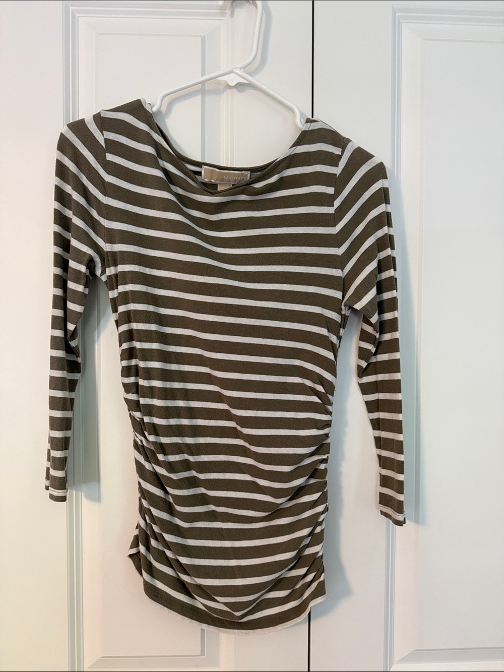 MICHAEL Michael Kors Olive and White Striped Long Sleeve Top with Boat Neck